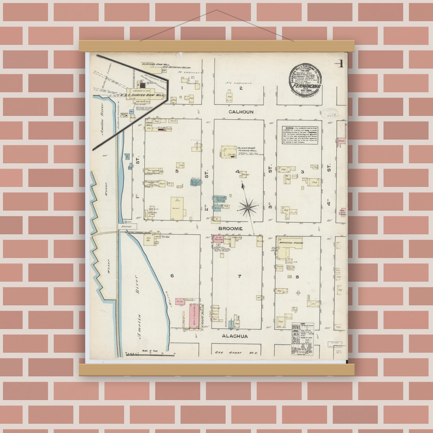 Old map wall art mockup — magnetic wood frame on brick wall — Sanborn Fire Insurance Map from Fernandina, Nassau County, Florida (1884), Sheet #0001