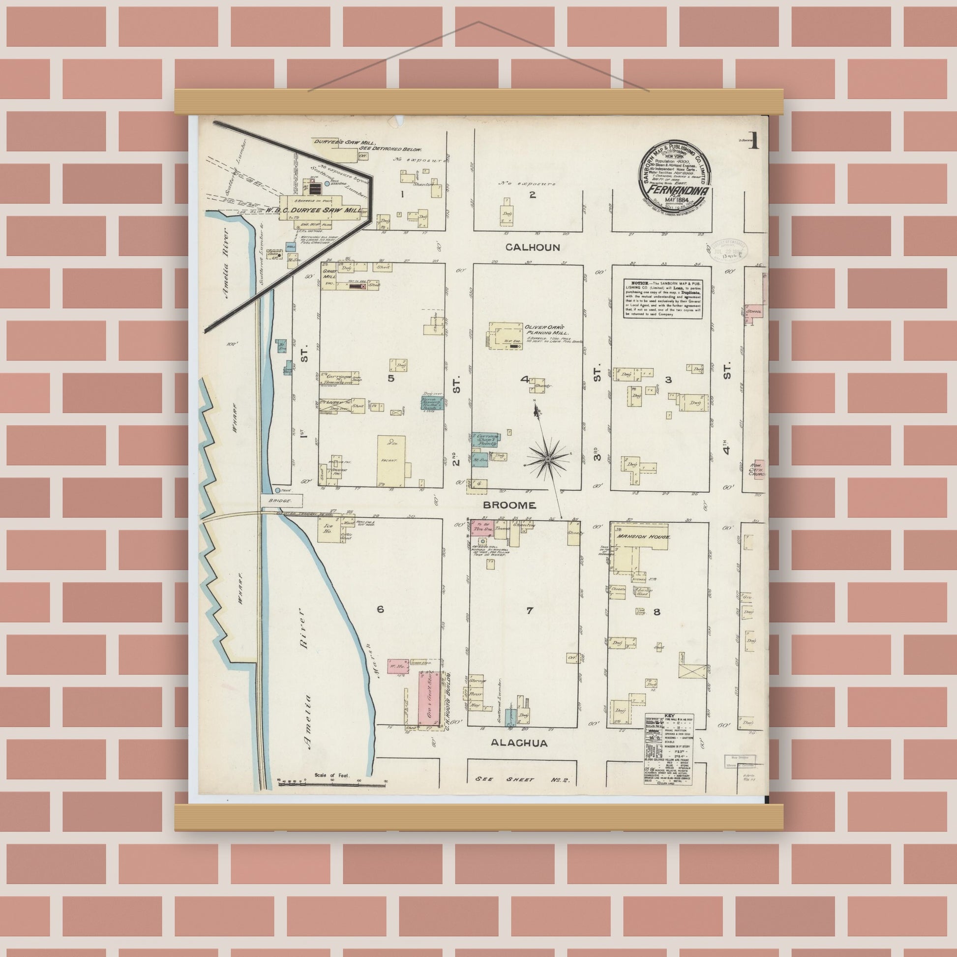 Old map wall art mockup — magnetic wood frame on brick wall — Sanborn Fire Insurance Map from Fernandina, Nassau County, Florida (1884), Sheet #0001