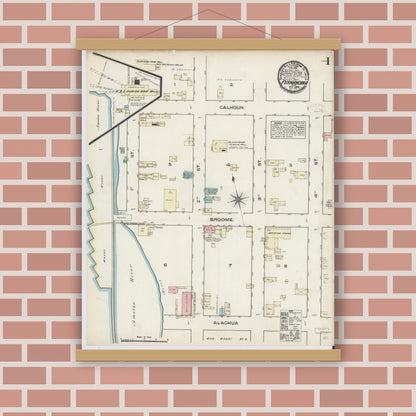 Old map wall art mockup — magnetic wood frame on brick wall — Sanborn Fire Insurance Map from Fernandina, Nassau County, Florida (1884), Sheet #0001