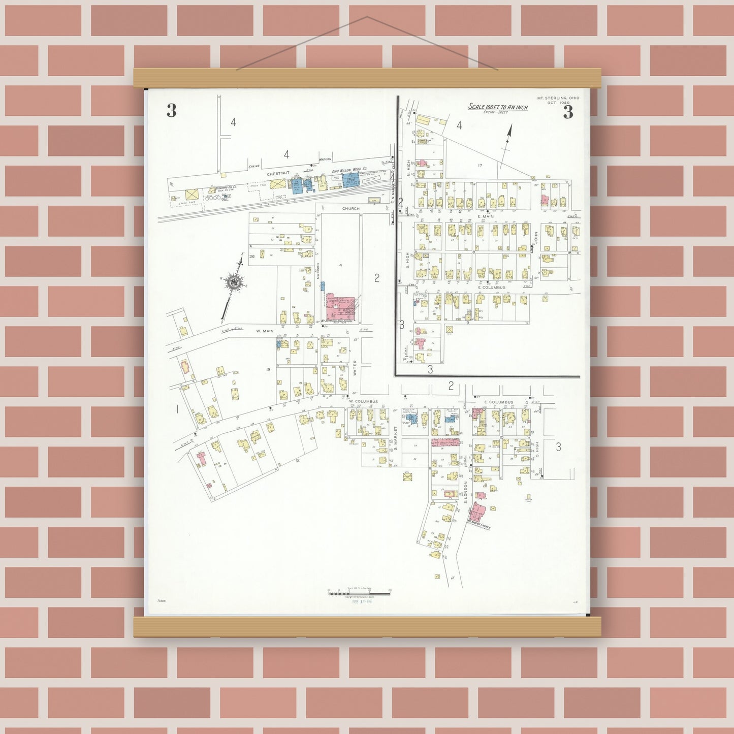 Old map wall art mockup — magnetic wood frame on brick wall — Sanborn Fire Insurance Map from Mount Sterling, Madison County, Ohio (1940), Sheet #0003