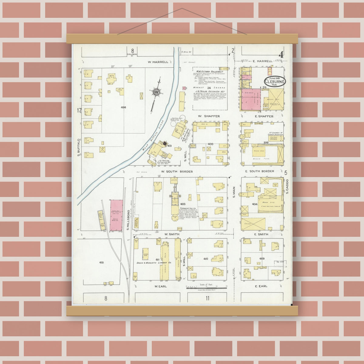 Old map wall art mockup — magnetic wood frame on brick wall — Sanborn Fire Insurance Map from Cleburne, Johnson County, Texas (1918), Sheet #0004