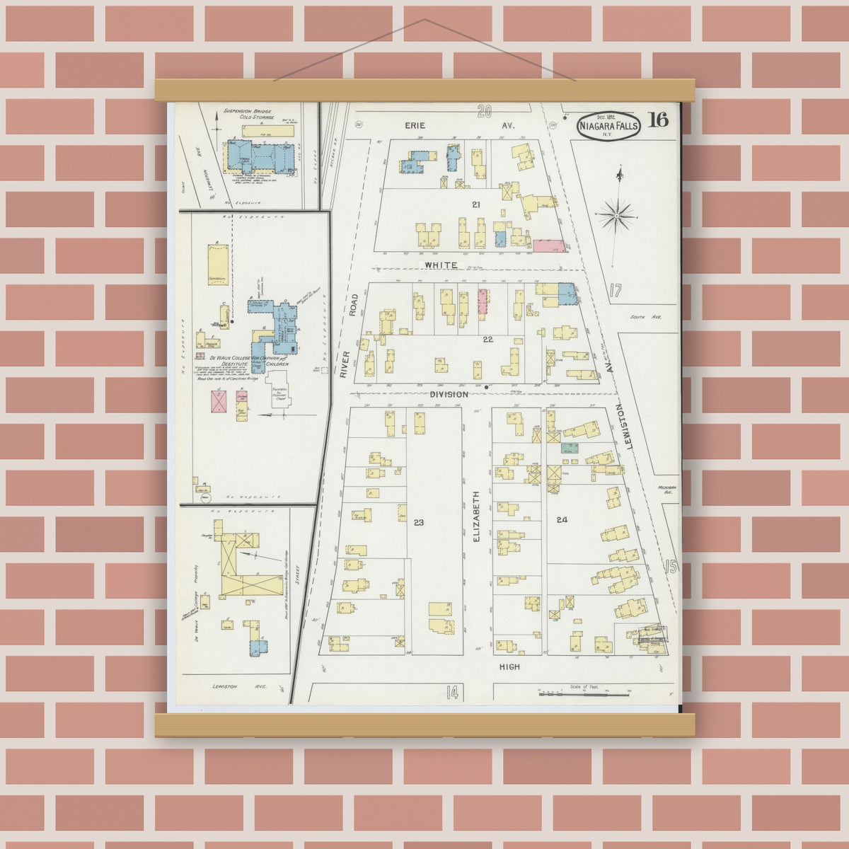 Old map wall art mockup — magnetic wood frame on brick wall — Sanborn Fire Insurance Map from Niagara Falls, Niagara County, New York (1892), Sheet #0016