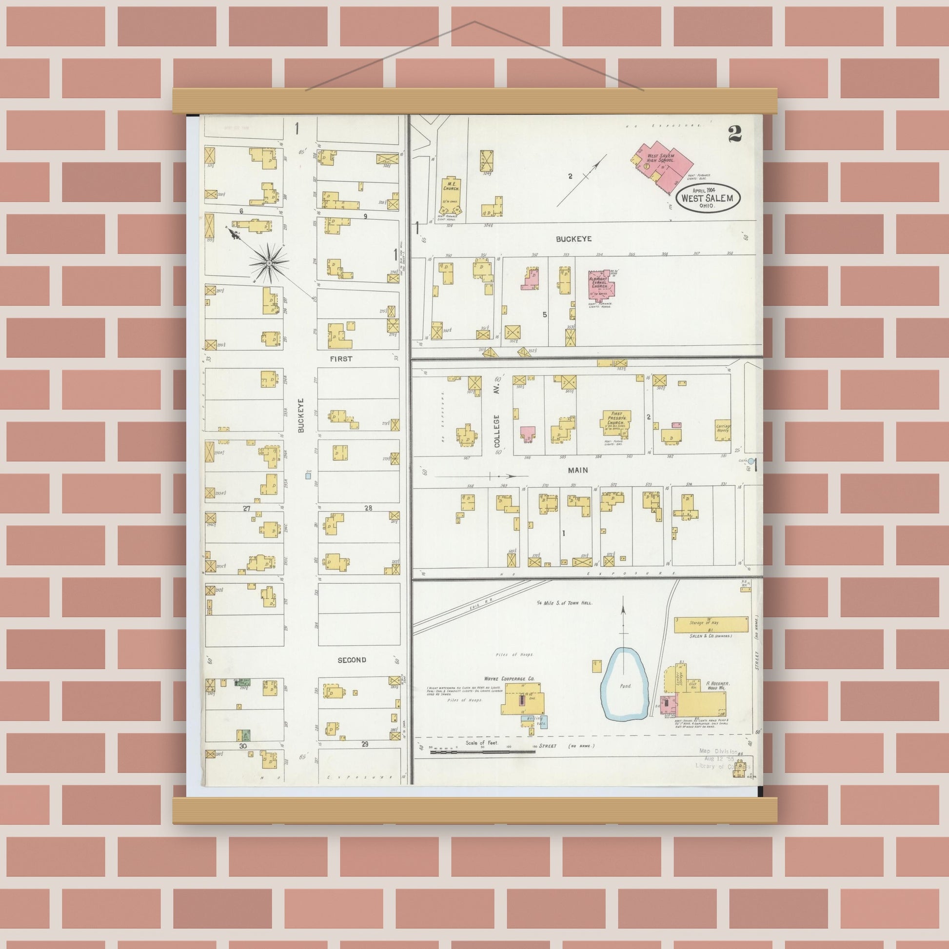 Old map wall art mockup — magnetic wood frame on brick wall — Sanborn Fire Insurance Map from West Salem, Wayne County, Ohio (1904), Sheet #0002