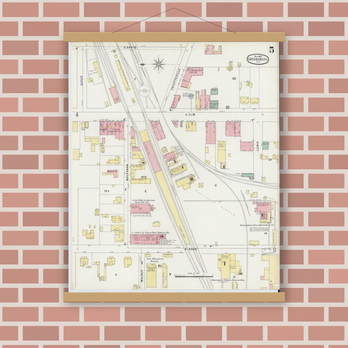 Old map wall art mockup — magnetic wood frame on brick wall — Sanborn Fire Insurance Map from Greensboro, Guilford County, North Carolina (1896), Sheet #0005