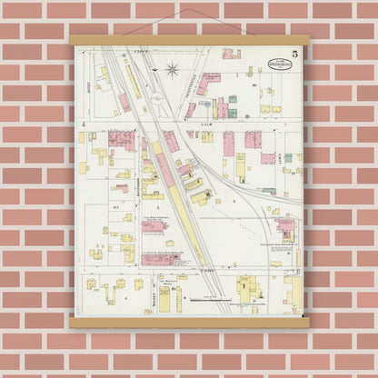 Old map wall art mockup — magnetic wood frame on brick wall — Sanborn Fire Insurance Map from Greensboro, Guilford County, North Carolina (1896), Sheet #0005