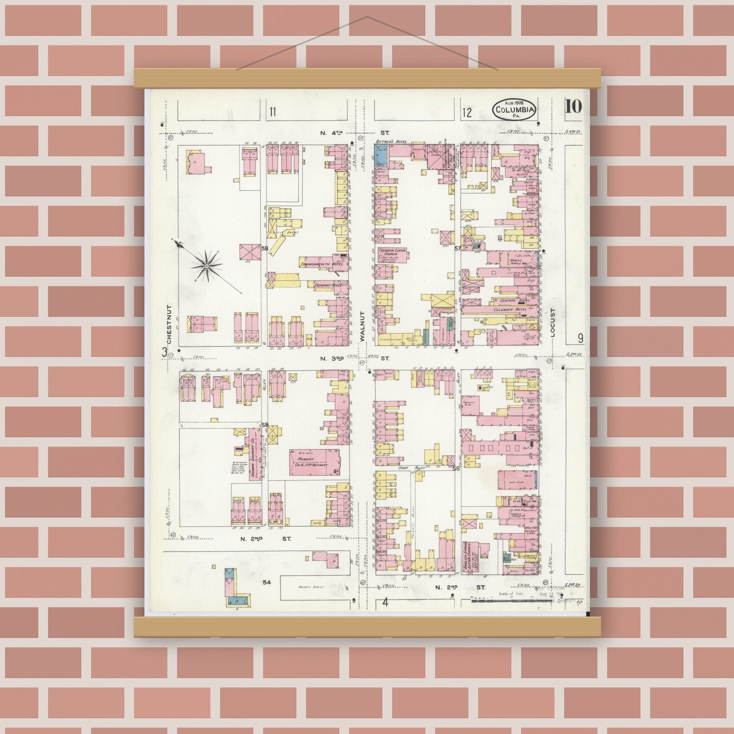 Old map wall art mockup — magnetic wood frame on brick wall — Sanborn Fire Insurance Map from Columbia, Lancaster County, Pennsylvania (1909), Sheet #0010