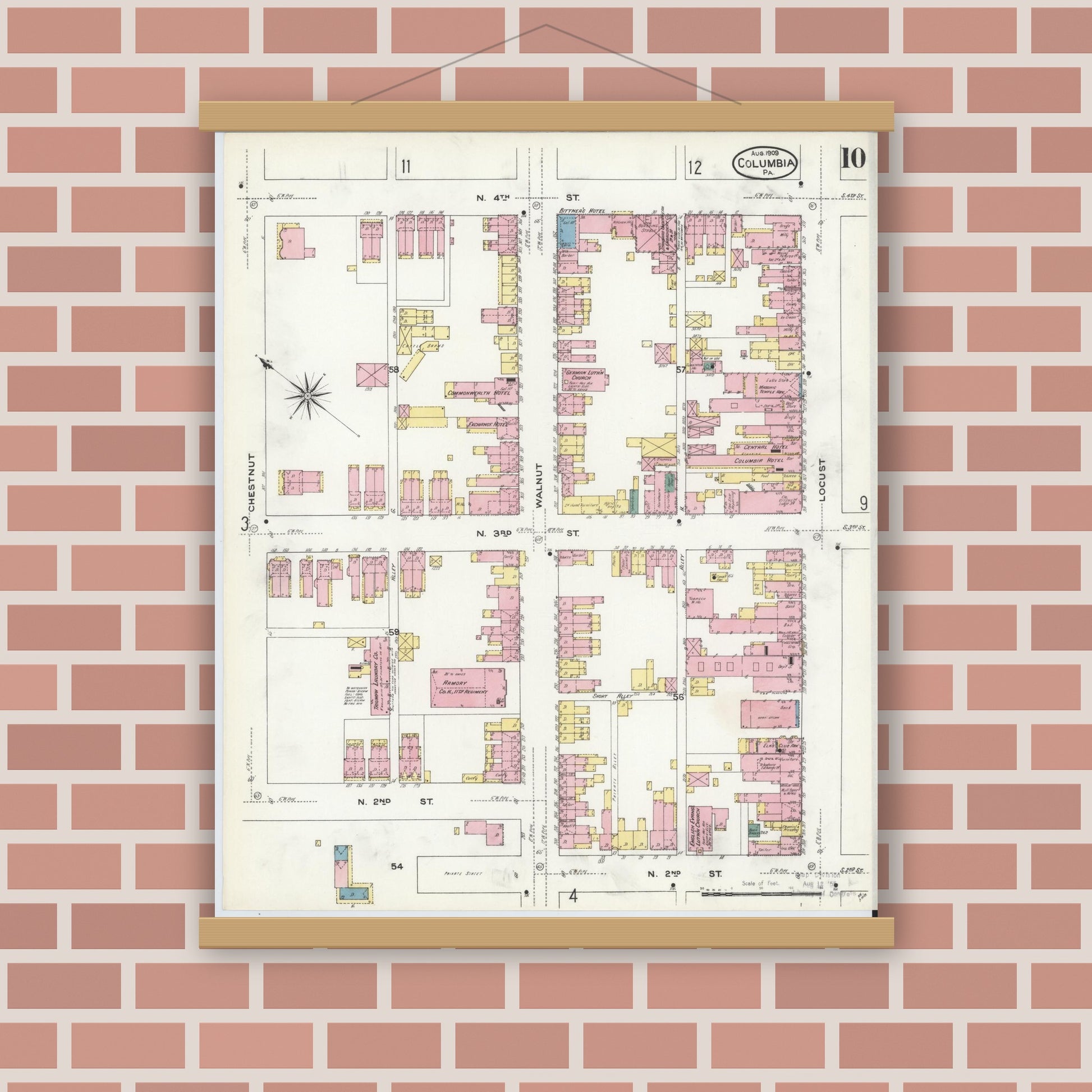 Old map wall art mockup — magnetic wood frame on brick wall — Sanborn Fire Insurance Map from Columbia, Lancaster County, Pennsylvania (1909), Sheet #0010