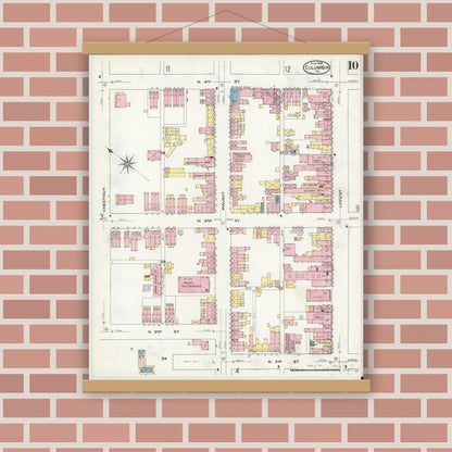 Old map wall art mockup — magnetic wood frame on brick wall — Sanborn Fire Insurance Map from Columbia, Lancaster County, Pennsylvania (1909), Sheet #0010