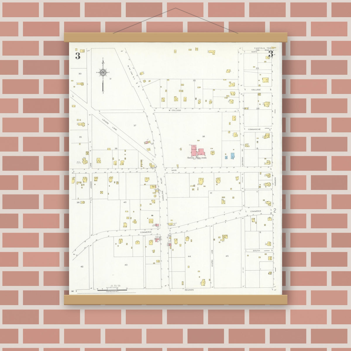 Old map wall art mockup — magnetic wood frame on brick wall — Sanborn Fire Insurance Map from Fairfield, Freestone County, Texas (1934), Sheet #0003