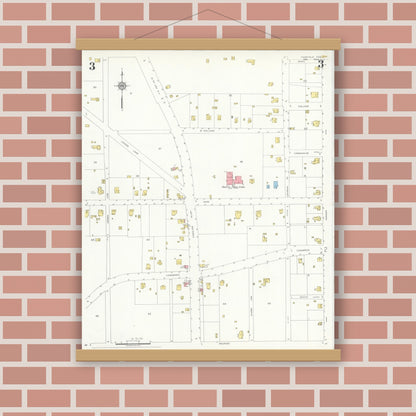 Old map wall art mockup — magnetic wood frame on brick wall — Sanborn Fire Insurance Map from Fairfield, Freestone County, Texas (1934), Sheet #0003
