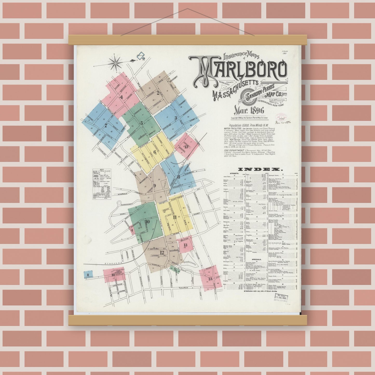 Old map wall art mockup — magnetic wood frame on brick wall — Sanborn Fire Insurance Map from Marlborough, Middlesex County, Massachusetts (1896), Sheet #0001