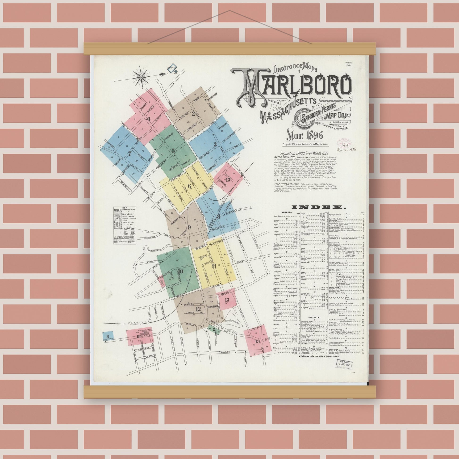 Old map wall art mockup — magnetic wood frame on brick wall — Sanborn Fire Insurance Map from Marlborough, Middlesex County, Massachusetts (1896), Sheet #0001