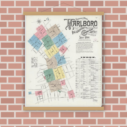 Old map wall art mockup — magnetic wood frame on brick wall — Sanborn Fire Insurance Map from Marlborough, Middlesex County, Massachusetts (1896), Sheet #0001