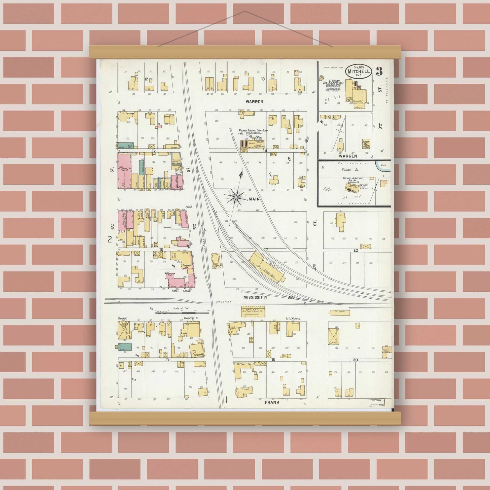 Old map wall art mockup — magnetic wood frame on brick wall — Sanborn Fire Insurance Map from Mitchell, Lawrence County, Indiana (1899), Sheet #0003