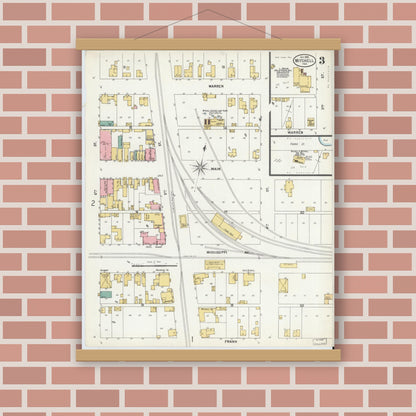 Old map wall art mockup — magnetic wood frame on brick wall — Sanborn Fire Insurance Map from Mitchell, Lawrence County, Indiana (1899), Sheet #0003
