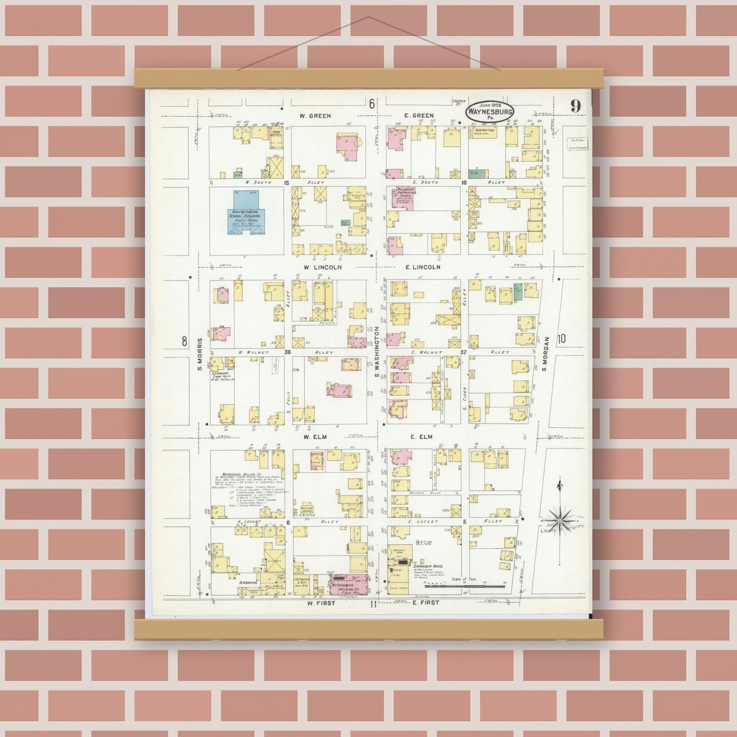 Old map wall art mockup — magnetic wood frame on brick wall — Sanborn Fire Insurance Map from Waynesburg, Greene County, Pennsylvania (1908), Sheet #0009