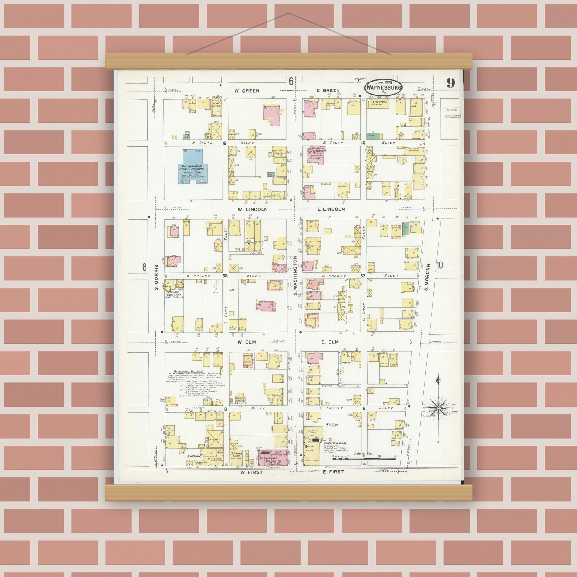 Old map wall art mockup — magnetic wood frame on brick wall — Sanborn Fire Insurance Map from Waynesburg, Greene County, Pennsylvania (1908), Sheet #0009