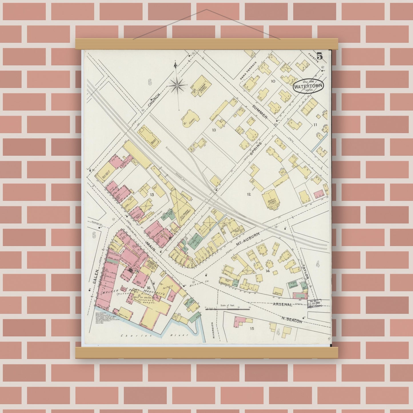 Old map wall art mockup — magnetic wood frame on brick wall — Sanborn Fire Insurance Map from Watertown, Middlesex County, Massachusetts (1894), Sheet #0005