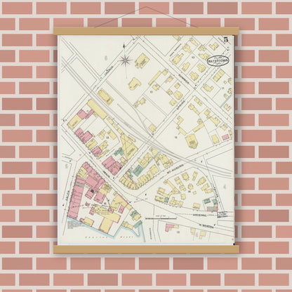 Old map wall art mockup — magnetic wood frame on brick wall — Sanborn Fire Insurance Map from Watertown, Middlesex County, Massachusetts (1894), Sheet #0005