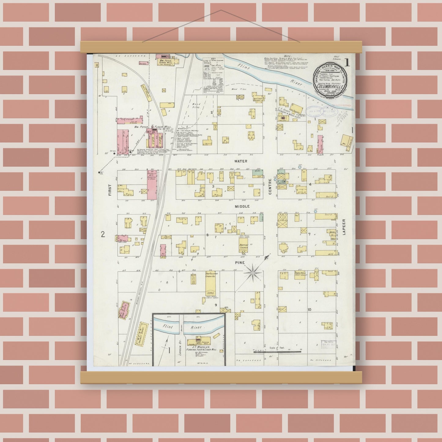Old map wall art mockup — magnetic wood frame on brick wall — Sanborn Fire Insurance Map from Columbiaville, Lapeer County, Michigan (1898) - Complete Map Set