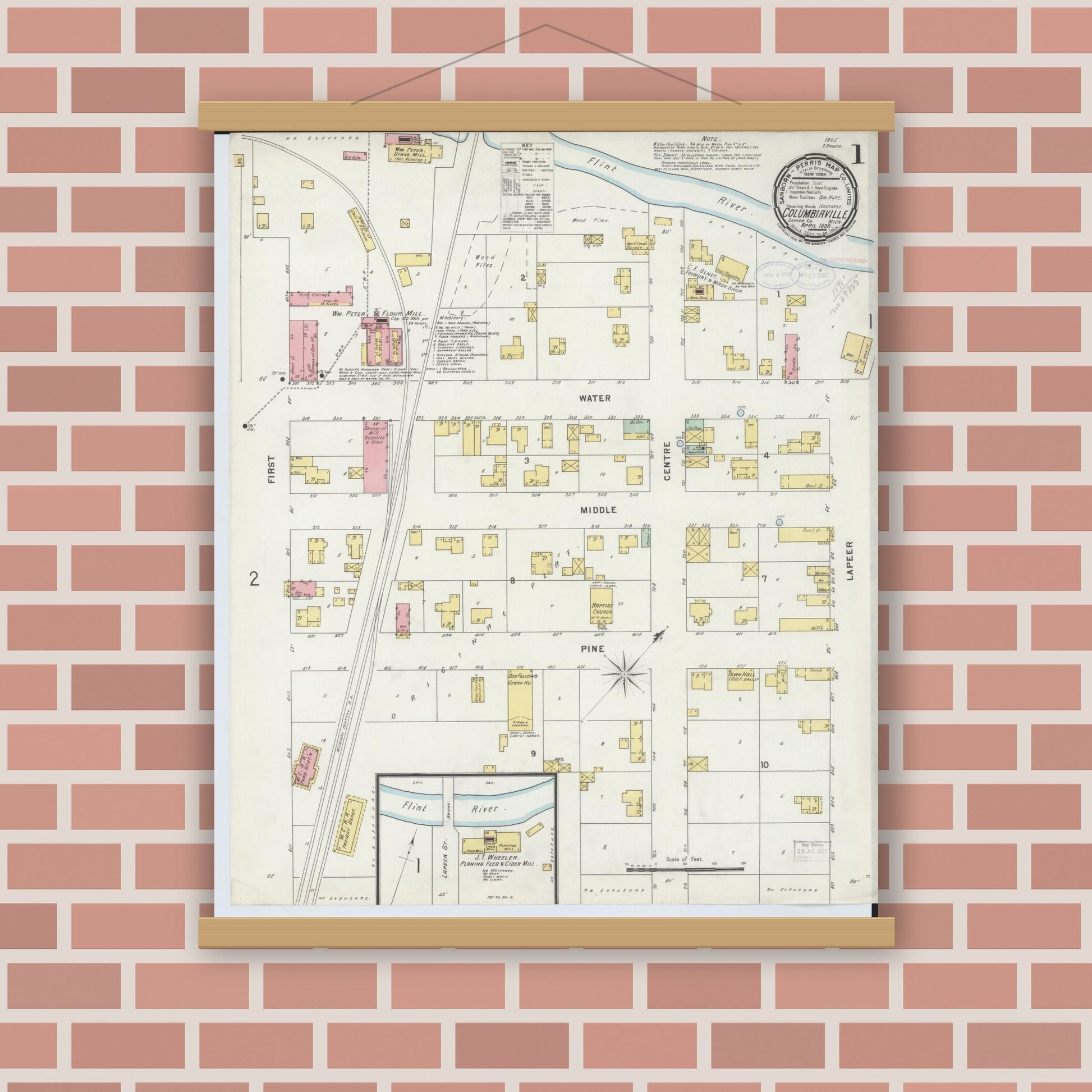 Old map wall art mockup — magnetic wood frame on brick wall — Sanborn Fire Insurance Map from Columbiaville, Lapeer County, Michigan (1898) - Complete Map Set