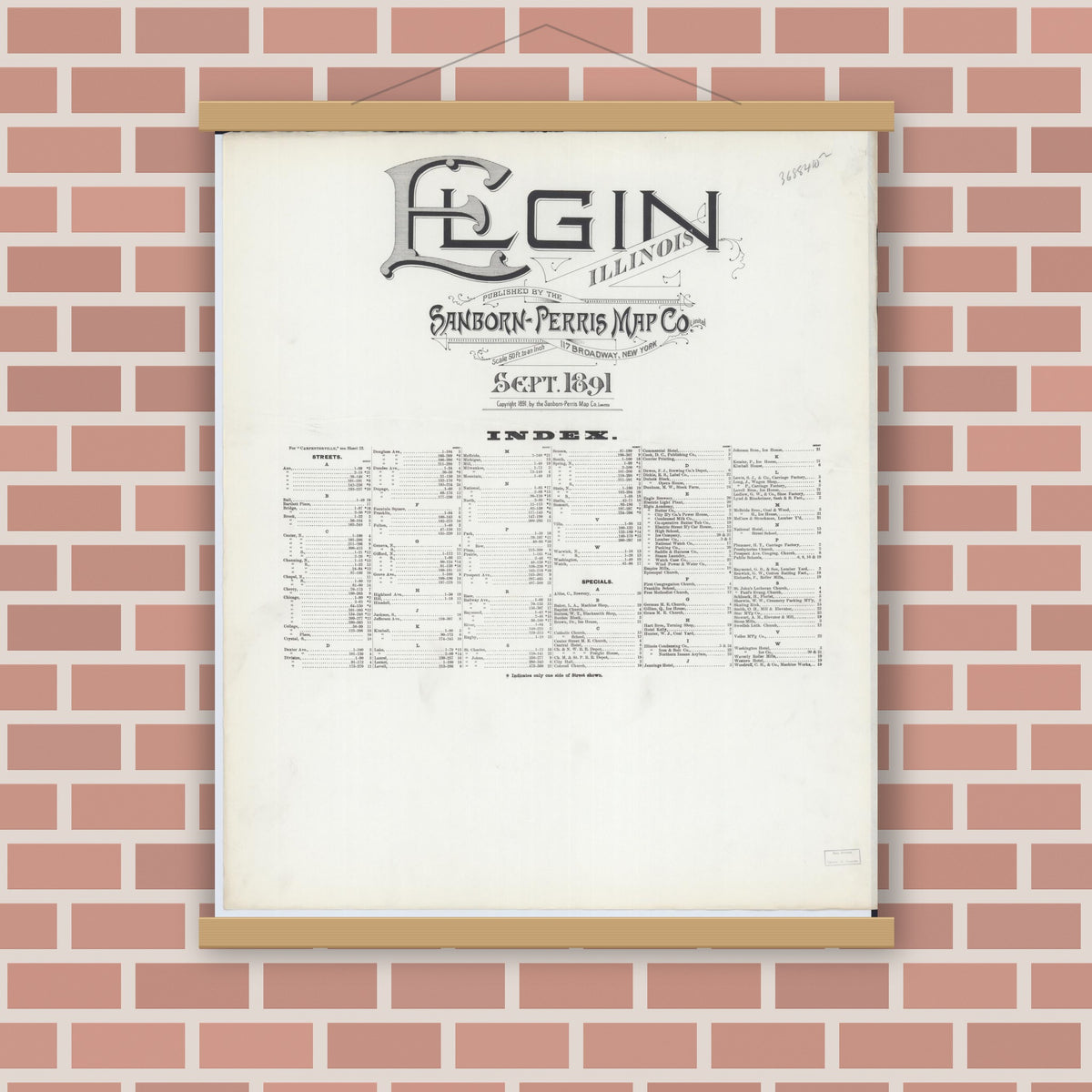 Old map wall art mockup — magnetic wood frame on brick wall — Sanborn Fire Insurance Map from Elgin, Kane County, Illinois (1891), Sheet #0001