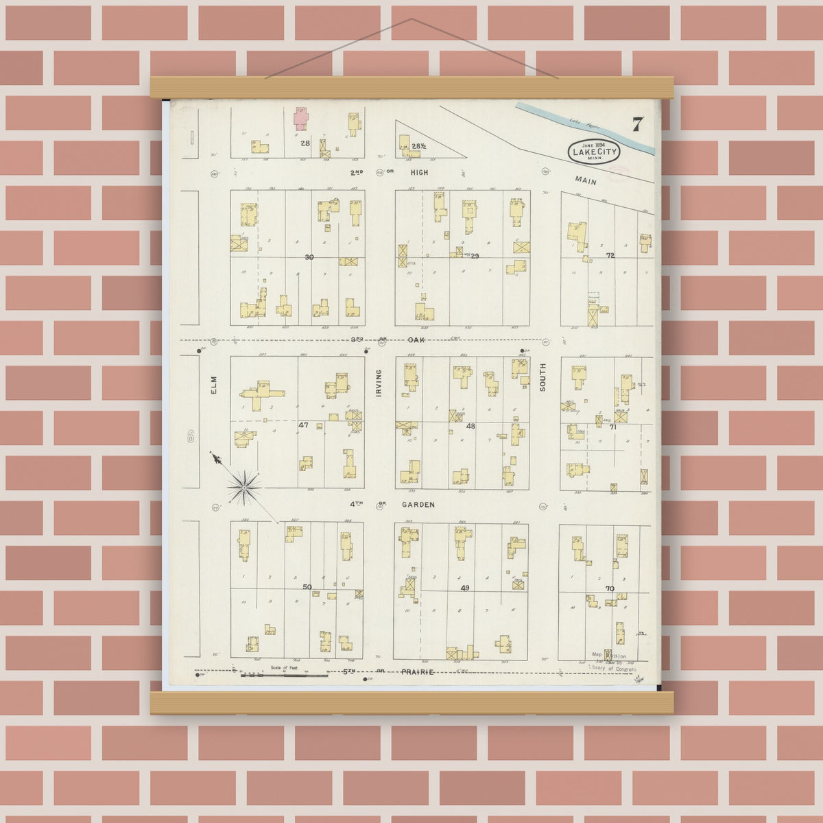 Old map wall art mockup — magnetic wood frame on brick wall — Sanborn Fire Insurance Map from Lake City, Wabasha County, Minnesota (1894), Sheet #0007