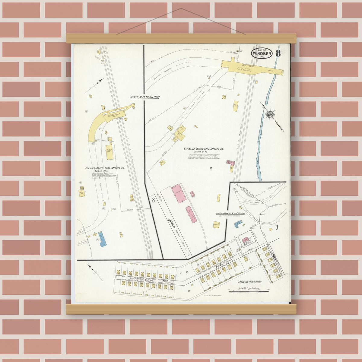 Old map wall art mockup — magnetic wood frame on brick wall — Sanborn Fire Insurance Map from Windber, Somerset County, Pennsylvania (1916), Sheet #0008