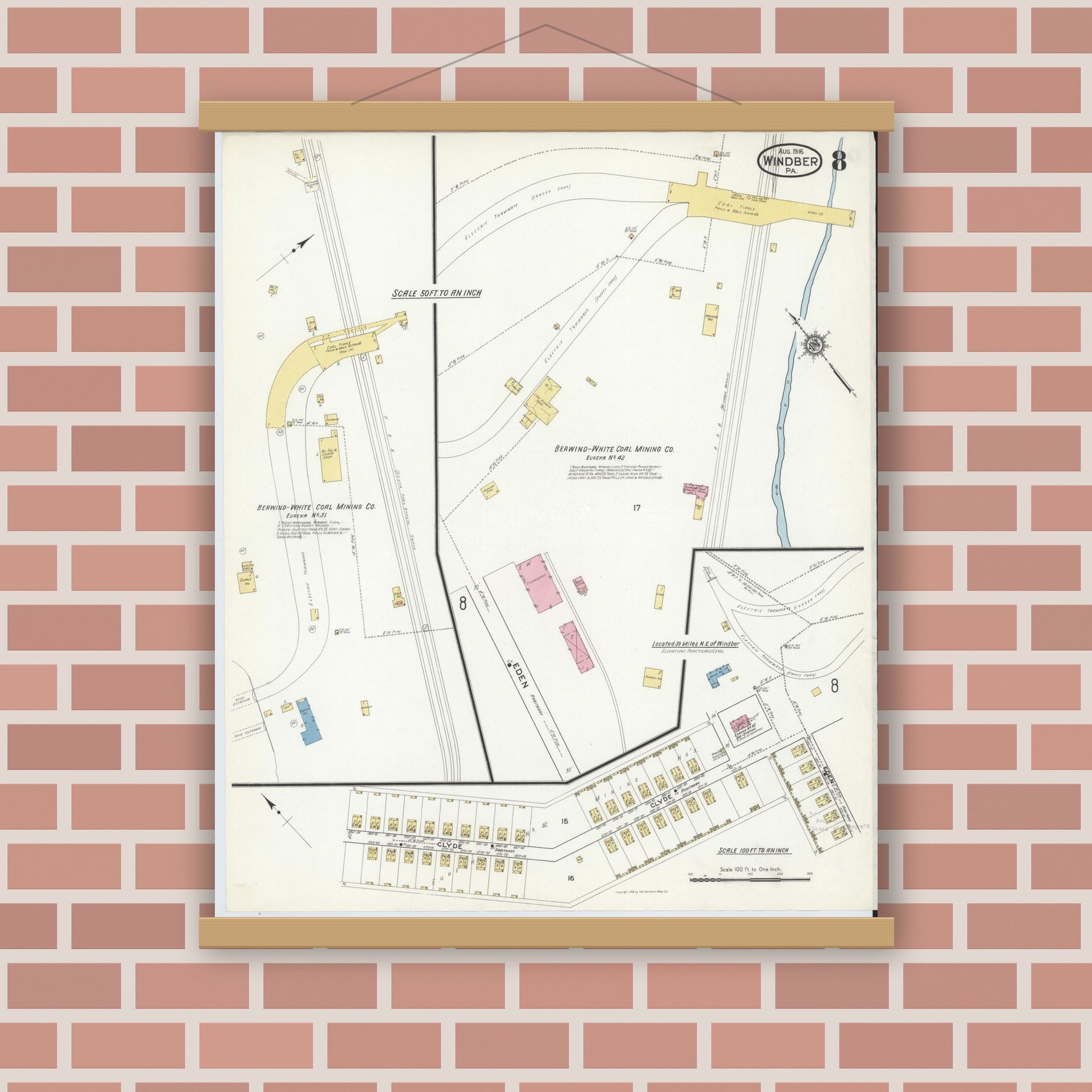 Old map wall art mockup — magnetic wood frame on brick wall — Sanborn Fire Insurance Map from Windber, Somerset County, Pennsylvania (1916), Sheet #0008