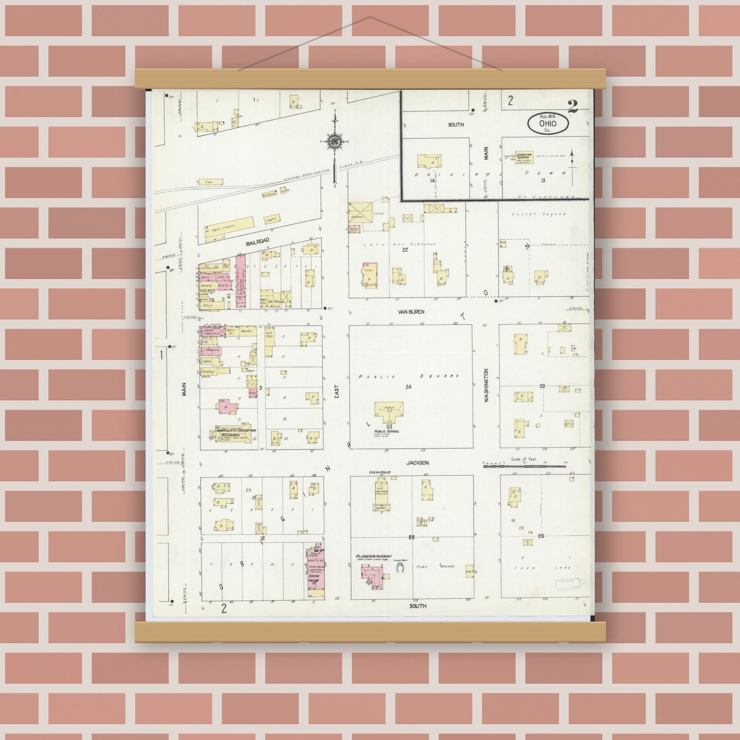 Old map wall art mockup — magnetic wood frame on brick wall — Sanborn Fire Insurance Map from Ohio, Bureau County, Illinois (1913), Sheet #0002