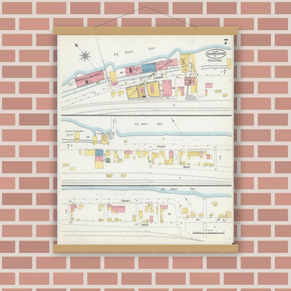 Old map wall art mockup — magnetic wood frame on brick wall — Sanborn Fire Insurance Map from New Brighton, Beaver County, Pennsylvania (1901), Sheet #0007
