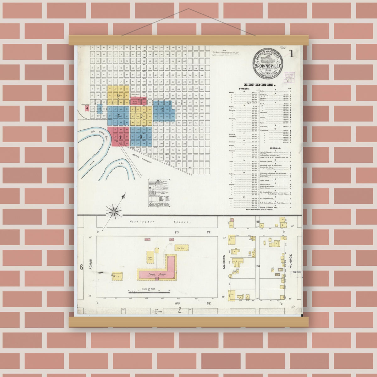 Old map wall art mockup — magnetic wood frame on brick wall — Sanborn Fire Insurance Map from Brownsville, Cameron County, Texas (1906) - Complete Map Set
