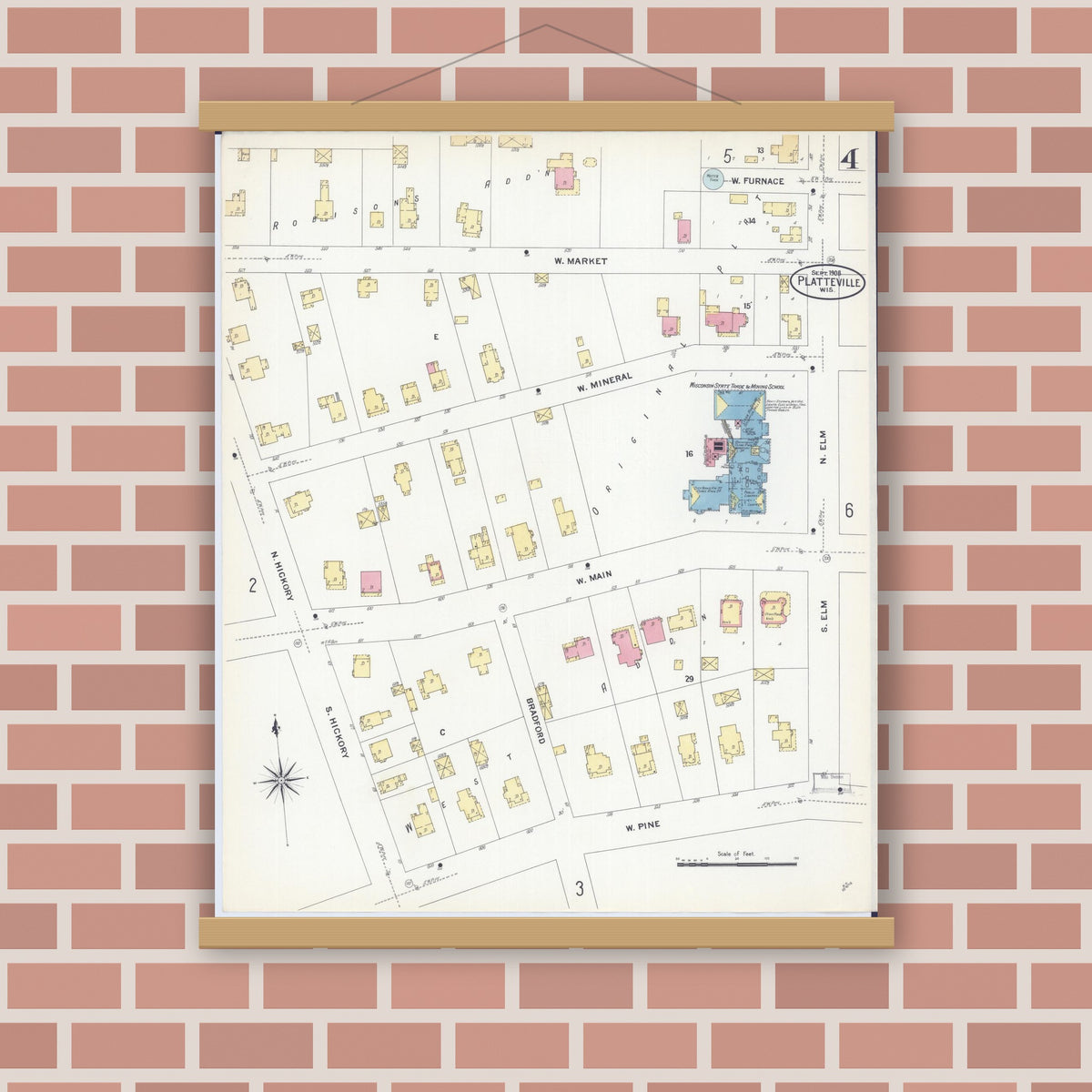 Old map wall art mockup — magnetic wood frame on brick wall — Sanborn Fire Insurance Map from Platteville, Grant County, Wisconsin (1908), Sheet #0004