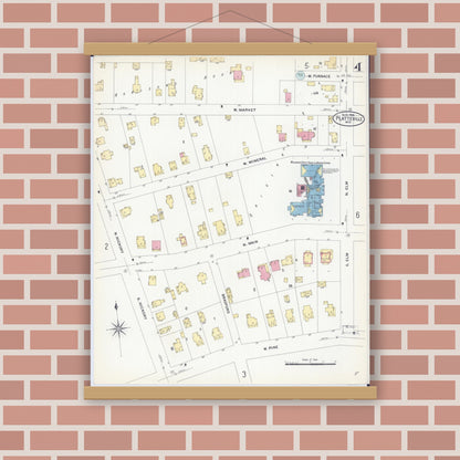 Old map wall art mockup — magnetic wood frame on brick wall — Sanborn Fire Insurance Map from Platteville, Grant County, Wisconsin (1908), Sheet #0004