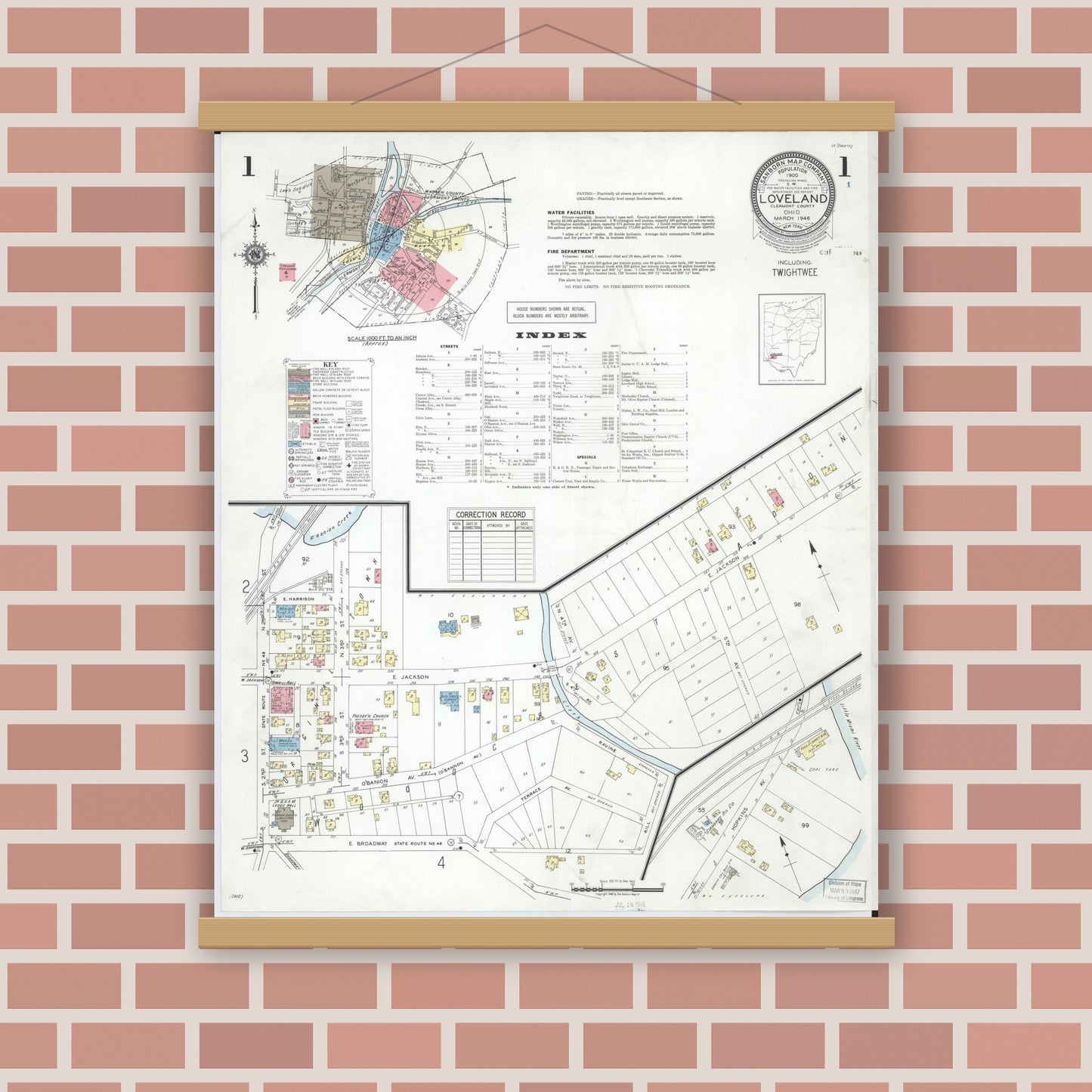 Old map wall art mockup — magnetic wood frame on brick wall — Sanborn Fire Insurance Map from Loveland, Clermont, Hamilton, And Warren County, Ohio (1946), Sheet #0001