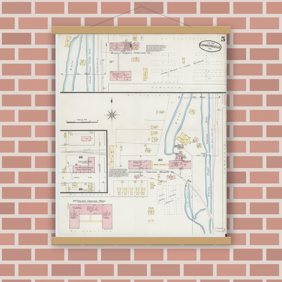 Old map wall art mockup — magnetic wood frame on brick wall — Sanborn Fire Insurance Map from Connersville, Fayette County, Indiana (1887), Sheet #0005