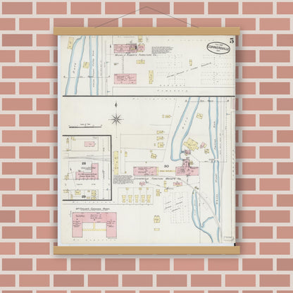 Old map wall art mockup — magnetic wood frame on brick wall — Sanborn Fire Insurance Map from Connersville, Fayette County, Indiana (1887), Sheet #0005