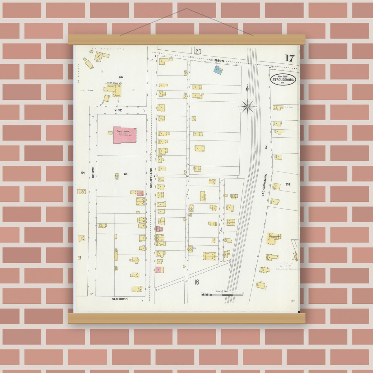 Old map wall art mockup — magnetic wood frame on brick wall — Sanborn Fire Insurance Map from Stroudsburg, Monroe County, Pennsylvania (1905), Sheet #0017