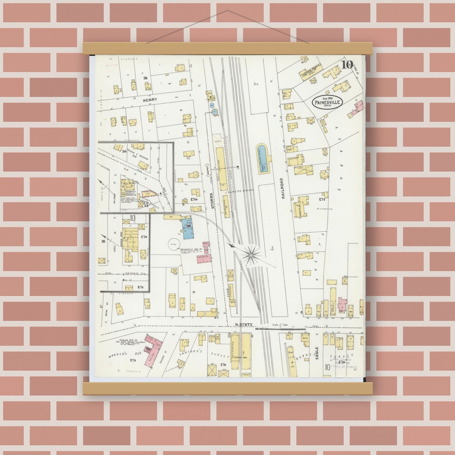 Old map wall art mockup — magnetic wood frame on brick wall — Sanborn Fire Insurance Map from Painesville, Lake County, Ohio (1904), Sheet #0010