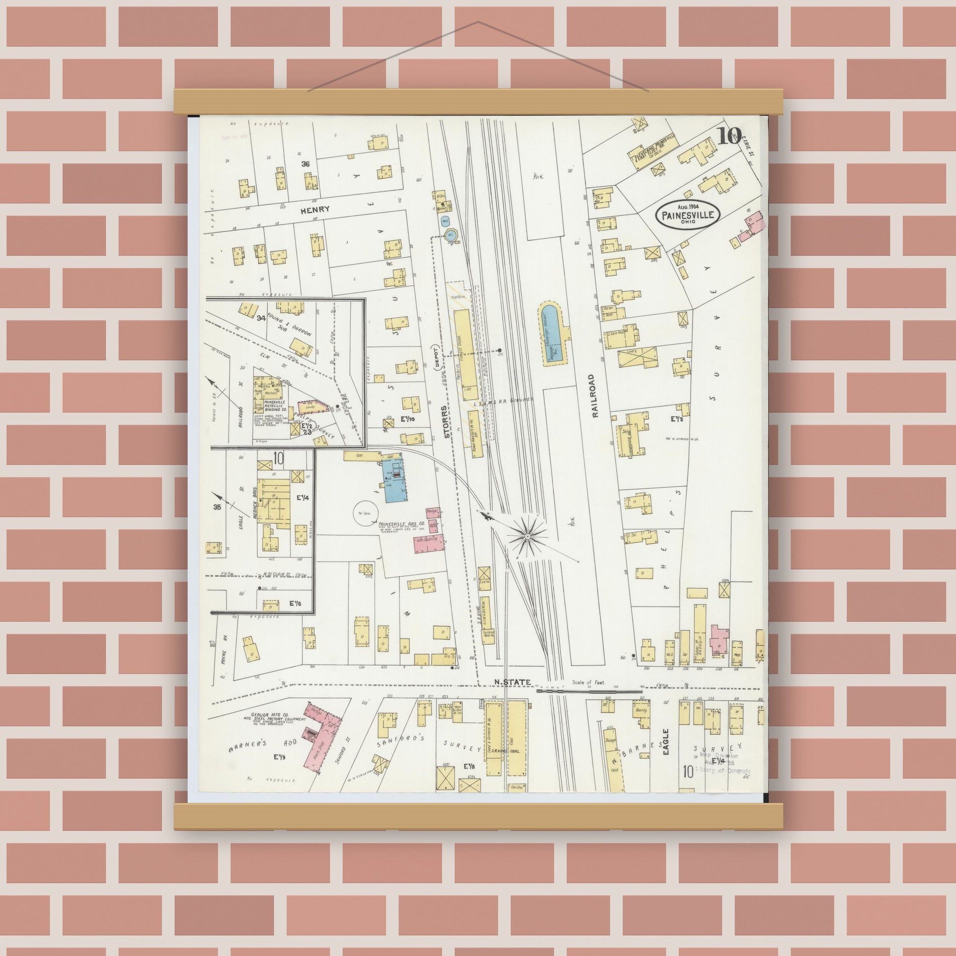 Old map wall art mockup — magnetic wood frame on brick wall — Sanborn Fire Insurance Map from Painesville, Lake County, Ohio (1904), Sheet #0010
