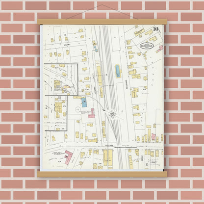 Old map wall art mockup — magnetic wood frame on brick wall — Sanborn Fire Insurance Map from Painesville, Lake County, Ohio (1904), Sheet #0010