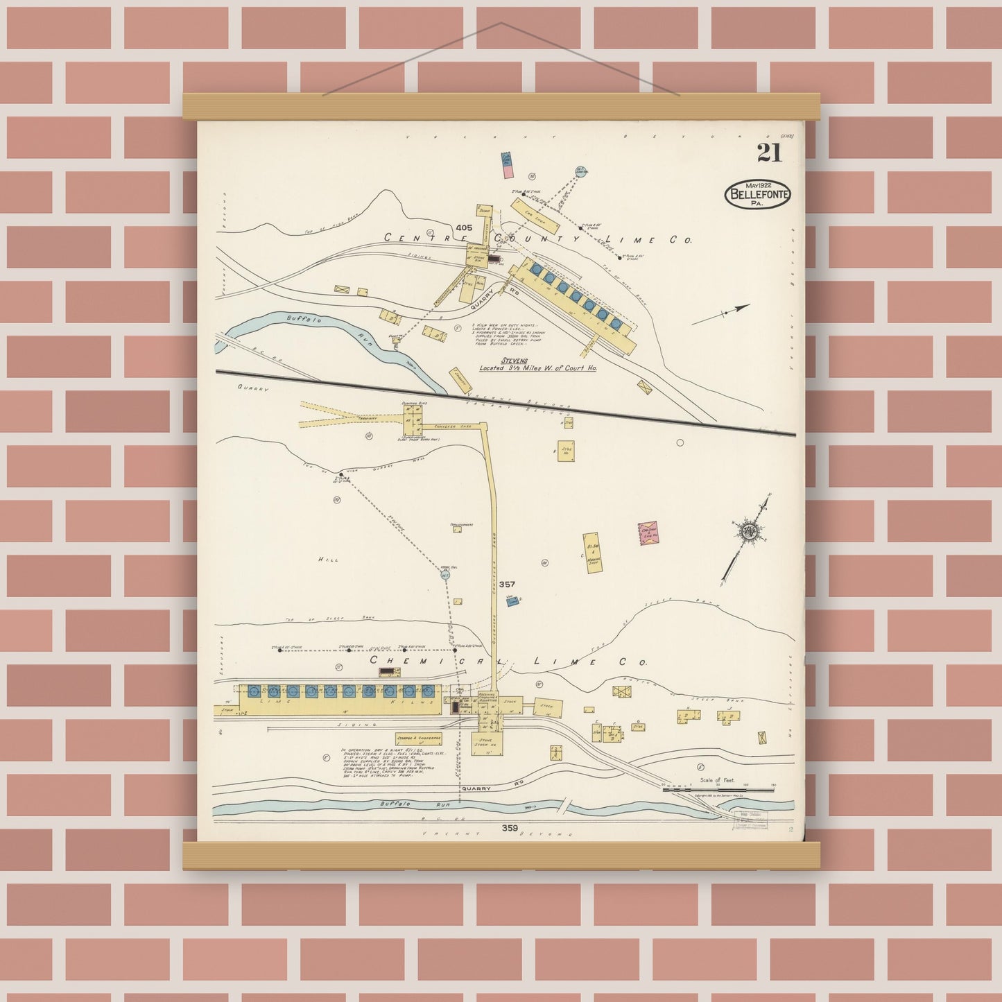Old map wall art mockup — magnetic wood frame on brick wall — Sanborn Fire Insurance Map from Bellefonte, Centre County, Pennsylvania (1922), Sheet #0021