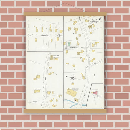 Old map wall art mockup — magnetic wood frame on brick wall — Sanborn Fire Insurance Map from Merrimac, Essex County, Massachusetts (1907), Sheet #0008