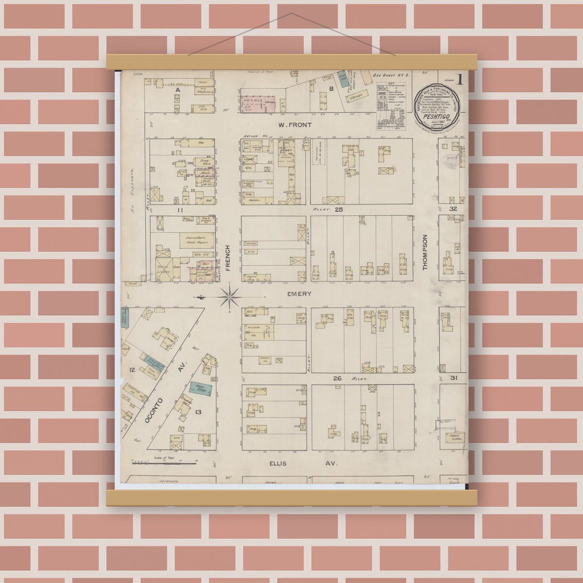 Old map wall art mockup — magnetic wood frame on brick wall — Sanborn Fire Insurance Map from Peshtigo, Marinette County, Wisconsin (1887), Sheet #0001