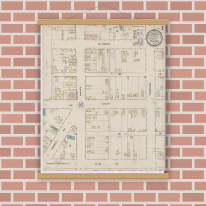 Old map wall art mockup — magnetic wood frame on brick wall — Sanborn Fire Insurance Map from Peshtigo, Marinette County, Wisconsin (1887), Sheet #0001
