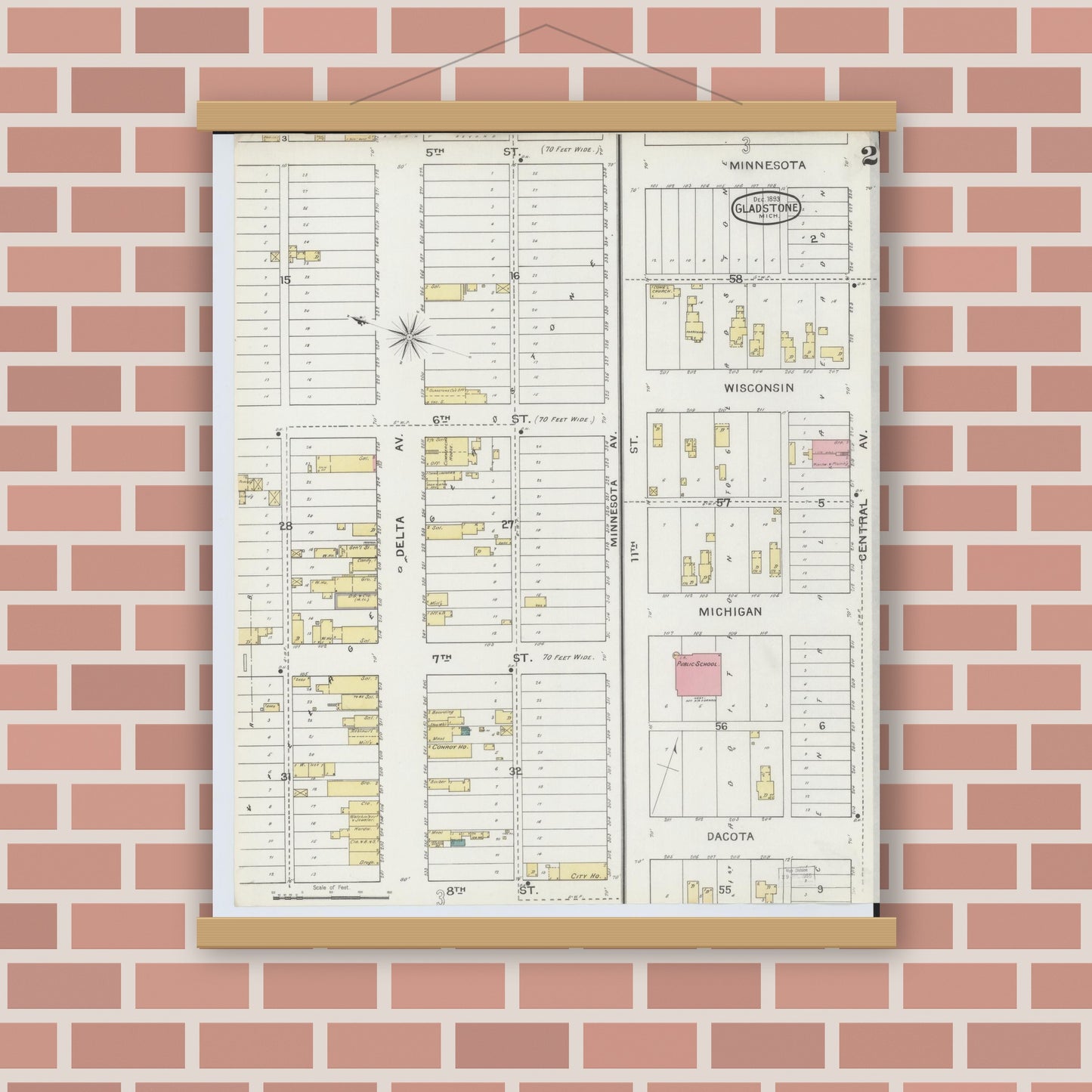 Old map wall art mockup — magnetic wood frame on brick wall — Sanborn Fire Insurance Map from Gladstone, Delta County, Michigan (1893), Sheet #0002