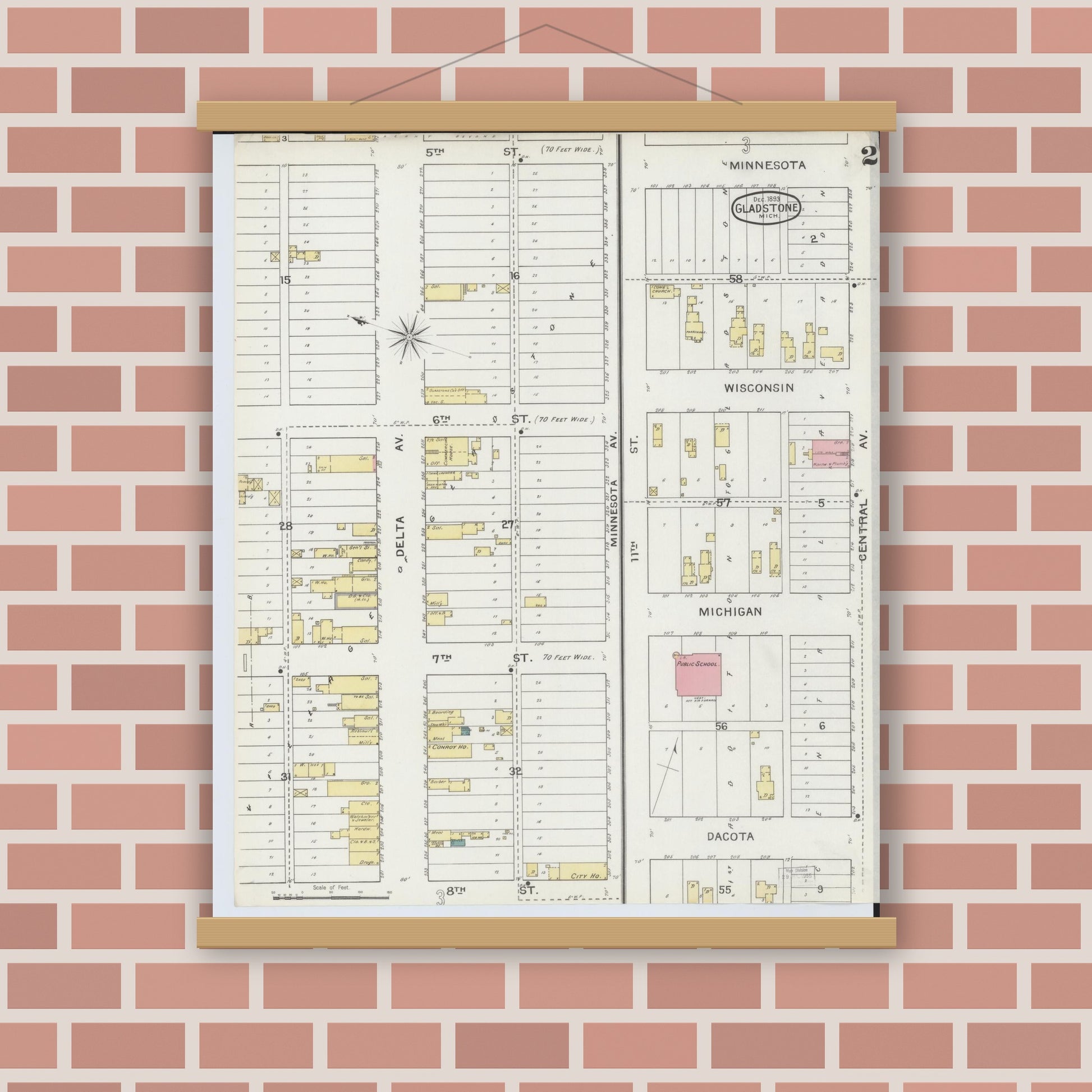 Old map wall art mockup — magnetic wood frame on brick wall — Sanborn Fire Insurance Map from Gladstone, Delta County, Michigan (1893), Sheet #0002