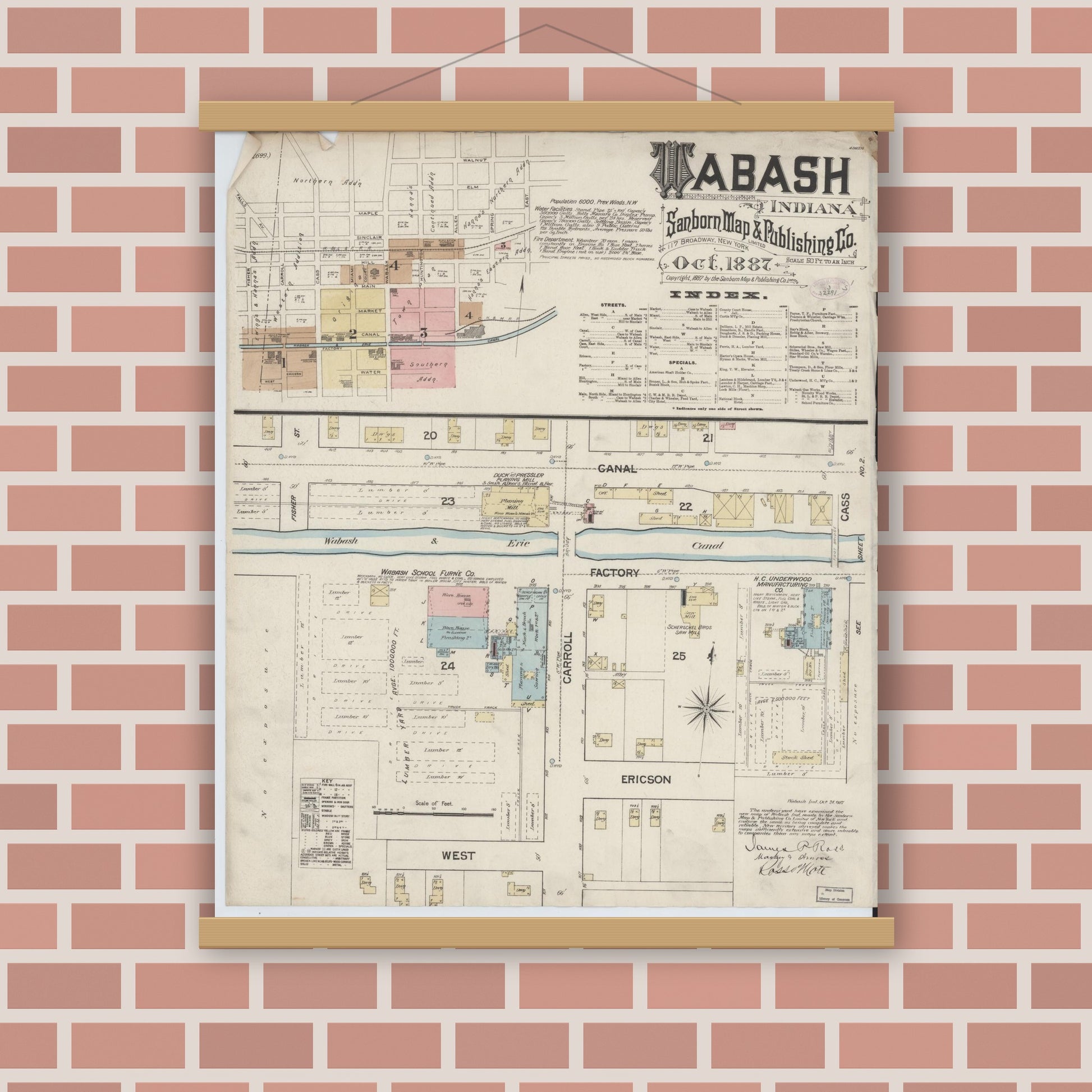 Old map wall art mockup — magnetic wood frame on brick wall — Sanborn Fire Insurance Map from Wabash, Wabash County, Indiana (1887) - Complete Map Set