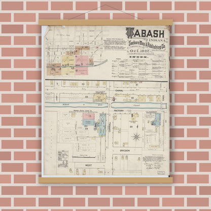 Old map wall art mockup — magnetic wood frame on brick wall — Sanborn Fire Insurance Map from Wabash, Wabash County, Indiana (1887) - Complete Map Set