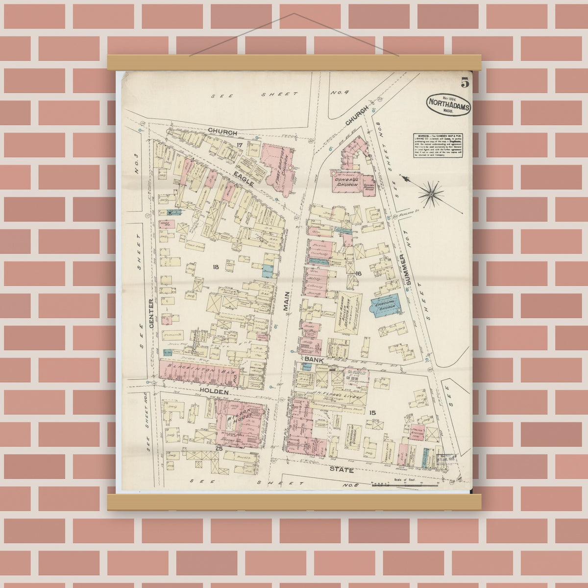 Old map wall art mockup — magnetic wood frame on brick wall — Sanborn Fire Insurance Map from North Adams, Berkshire County, Massachusetts (1884), Sheet #0005